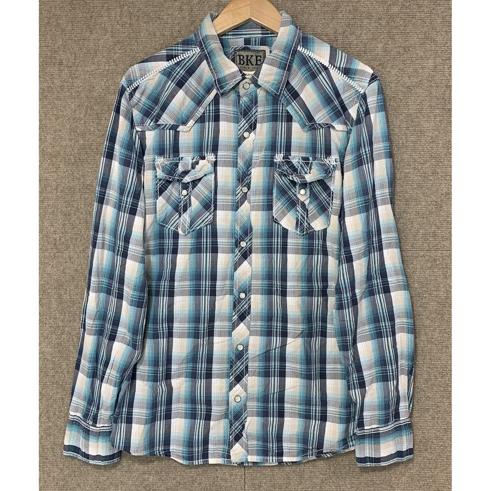 BKE Western Shirt Men's M Blue Pearl Plaid Snap Long Sleeve Athletic Fit Cowboy